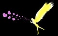 A yellow angel blowing pink hearts