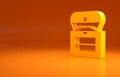 Yellow Antique treasure chest icon isolated on orange background. Vintage wooden chest with golden coin. Minimalism
