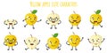 Yellow apple fruit cute funny cheerful characters with different poses and emotions Royalty Free Stock Photo