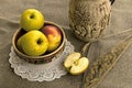 Yellow apples and ceramic foodware Royalty Free Stock Photo