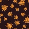 Yellow apples seamless pattern on black background. Vintage botanical wallpaper Royalty Free Stock Photo