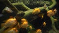 Yellow aquarium fish swim slowly among driftwood underwater. Underwater world of fish