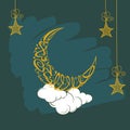Yellow Arabic Calligraphy of Eid-Al-Adha Mubarak in Crescent Moon Shape and Hanging Stars, Cloud on Green Brush Stroke Royalty Free Stock Photo