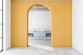 Yellow arched bathroom interior, double sink