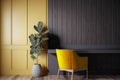 Yellow armchair with plant in bright room with dark wood wall and wooden parquet room. Interior room for mockup, copy space