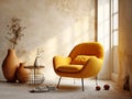 Yellow armchair in room with old dilapidated walls. Interior design of aged living room. Created with generative AI