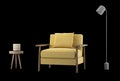 Yellow armchair with side table and lamp isolated