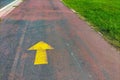 A yellow arrow drawn on the asphalt of a lane guiding pedestrians, cyclists and other road users. Traffic, mass, passenger flow Royalty Free Stock Photo