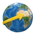 A yellow arrow pointing towards the african continent on a globe Royalty Free Stock Photo