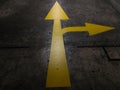 Yellow arrows for directions to go straight ahead and turn right (no left turns) Royalty Free Stock Photo