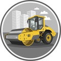 Yellow asphalt roller vector image in circle with urban landscape on background during road works