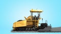 Yellow asphalt spreader machine lays asphalt 3d render on blue gradient