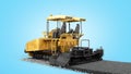 Yellow asphalt spreader machine lays asphalt 3d render on blue gradient