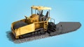 Yellow asphalt spreader machine lays asphalt 3d render on blue gradient