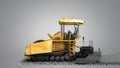 Yellow asphalt spreader machine lays asphalt 3d render on grey gradient