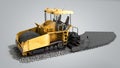 Yellow asphalt spreader machine lays asphalt 3d render on grey gradient