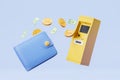Yellow ATM bank with wallet and money flying on blue background