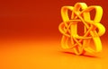 Yellow Atom icon isolated on orange background. Symbol of science, education, nuclear physics, scientific research