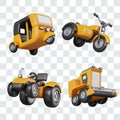 Yellow auto rickshaw car, tricycle with sidecar, tractor, harvester. Isolated models Royalty Free Stock Photo