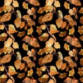 Yellow autumn leaves, black background. Seamless contrast autumn pattern. Watercolor