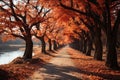 Yellow autumn trees on the alley in the park. Generative AI Royalty Free Stock Photo