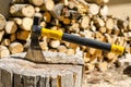 Axe with a piece of wood near a stack of logs