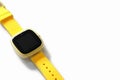 yellow baby smart watch with GPS tracking on white background. kids safety and communication.mobile safety watch for