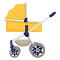 Yellow baby stroller with a canopy and large wheels. Modern pram design, childcare and transportation vector