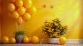 Yellow background with balloons flowers and potted plant in the center