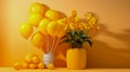 Yellow background with balloons flowers and potted plant in the center