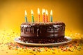 On a yellow background, a chocolate birthday cake with sprinkles and candles is displayed