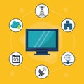 Yellow background with desktop computer in closeup and networking icons around Royalty Free Stock Photo