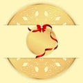 Yellow background with a gold ornament a round, horizontal banner and a round tag with a red ribbon and bow.