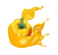 Yellow background with isolated paprika and splash of ketchup, sauce, juice. 3d illustration, 3d rendering
