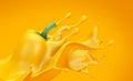 Yellow background with paprika and splash ketchup, sauce, juice. 3d illustration, 3d rendering