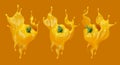Yellow background with paprika and splash ketchup, sauce, juice. 3d illustration, 3d rendering