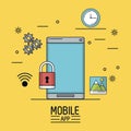 Yellow background poster of mobile app with smartphone and common icons around