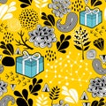 Yellow background seamless pattern with holiday presents. Vector endless illustration. Royalty Free Stock Photo