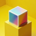 Yellow background, single cube rests on table , shape, three dimensional