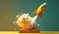 On a yellow background a toy rocket launches. AI generated