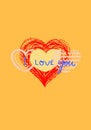 Yellow background vectorial illustration with the words I love You in the middle between heart shaped drawings Royalty Free Stock Photo