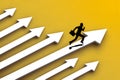 Yellow background with white arrows pointing up Silhouette man running with briefcase, urgent ambition