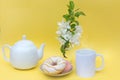 On a yellow background, a white mug with a hot drink, a kettle, a branch of a blossoming apple tree in a vase and donuts. Idea -