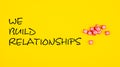 Yellow background with "we build relationships" text and dice