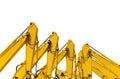 Yellow backhoe with hydraulic piston arm isolated on white. Heavy machine for excavation in construction site. Hydraulic machinery Royalty Free Stock Photo