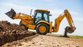 A yellow backhoe loader is actively digging in a construction site Royalty Free Stock Photo