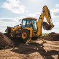 Yellow backhoe loader on a construction site with dirt mounds around Royalty Free Stock Photo