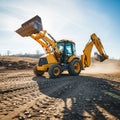Yellow backhoe loader on a construction site under a clear blue Royalty Free Stock Photo
