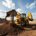 Yellow backhoe loader working at a construction site lifting and dumping soil Royalty Free Stock Photo