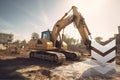 Yellow backhoe performs excavation work. Orange crawler excavator at earthworks stage at construction site. Generative AI